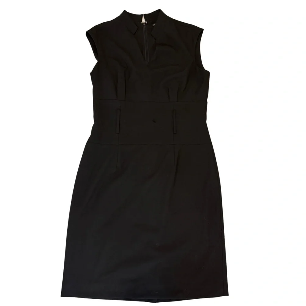ANTONIO MELANI Sz 8 Black Dress Belted Above Knee V Neck Collared - Picture 7 of 9
